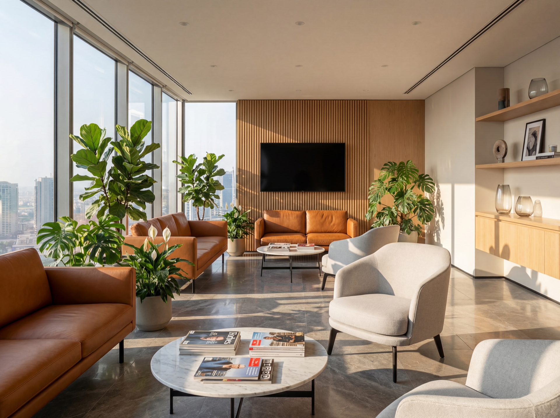 Modern lounge with a wall-mounted TV displaying a split-flap welcome board
